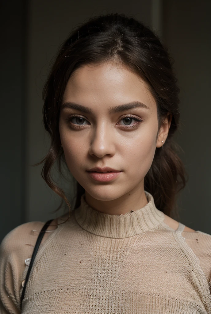 (best quality, 4k, highres, highres face details),18 yrs old, 1girl, solo, Instagram model, athletic figure, tan skin, perfect nose, perfect lips, fake lashes, modest bust size, deep cleavage, cute face, wearing an off the shoulder brown sweater, midriff showing ,wearing jean shorts, brown hair, short curly hair, crossed bangs, brown eyes, constricted pupils, hair ribbon, hoop earrings, cinematic lighting, Ultra-Wide Angle, Canon, Hyperrealism, UHD, masterpiece, textured skin, high details, best quality, detailed eyes, detailed iris, full body image
