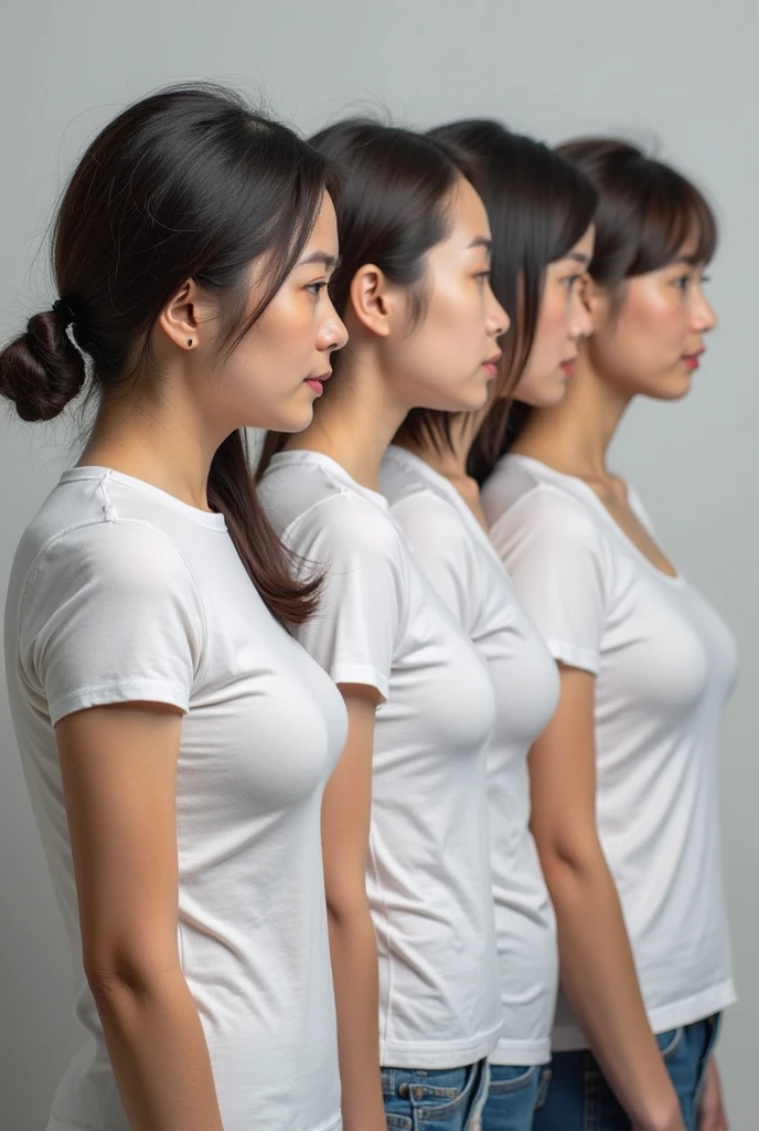 The image should depict a person in the midst of transforming from a man into a woman. The scene is set against a neutral, softly lit background to highlight the figure. The person should be shown in a series of overlapping stages, almost like a time-lapse but captured in a single still frame. On one side, the person appears more masculine, with short hair, broader shoulders, and angular facial features. As the transformation progresses towards the other side, the figure becomes more feminine, with longer hair, softer facial features, and a curvier silhouette. The clothing subtly changes along with the transformation, blending masculine and feminine elements. The overall atmosphere should feel serene and empowering, with a gentle, glowing light that symbolizes the merging of identities.