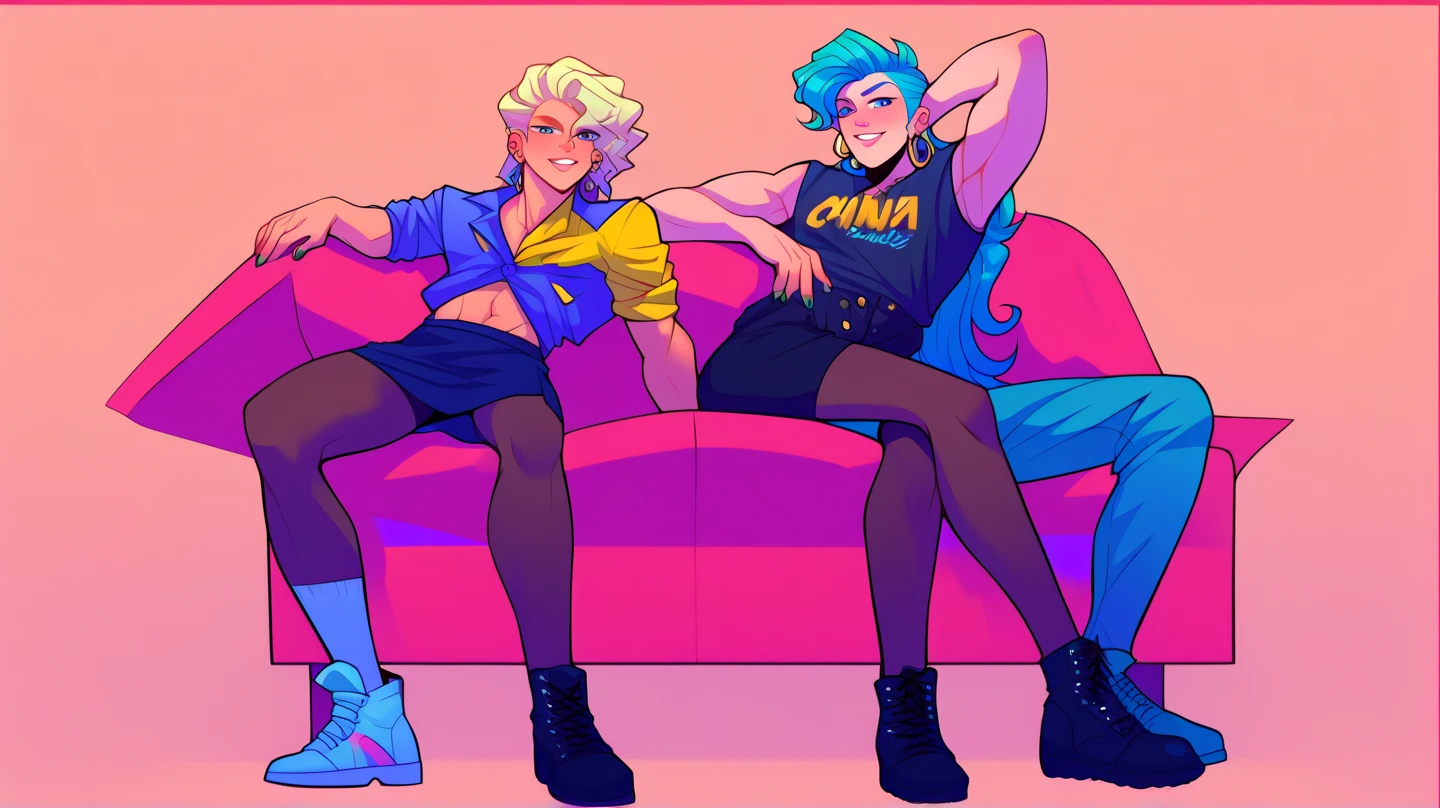full view full body, two young white european gay cute different boys with fashion undercut haircuts, with no beard, wearing crystal blue fashion outfits, lots of jewelery, in white sheer socks, no shoes, in deep love on a pink fluffy couch in luxurious parisian hype-fashioned appartment