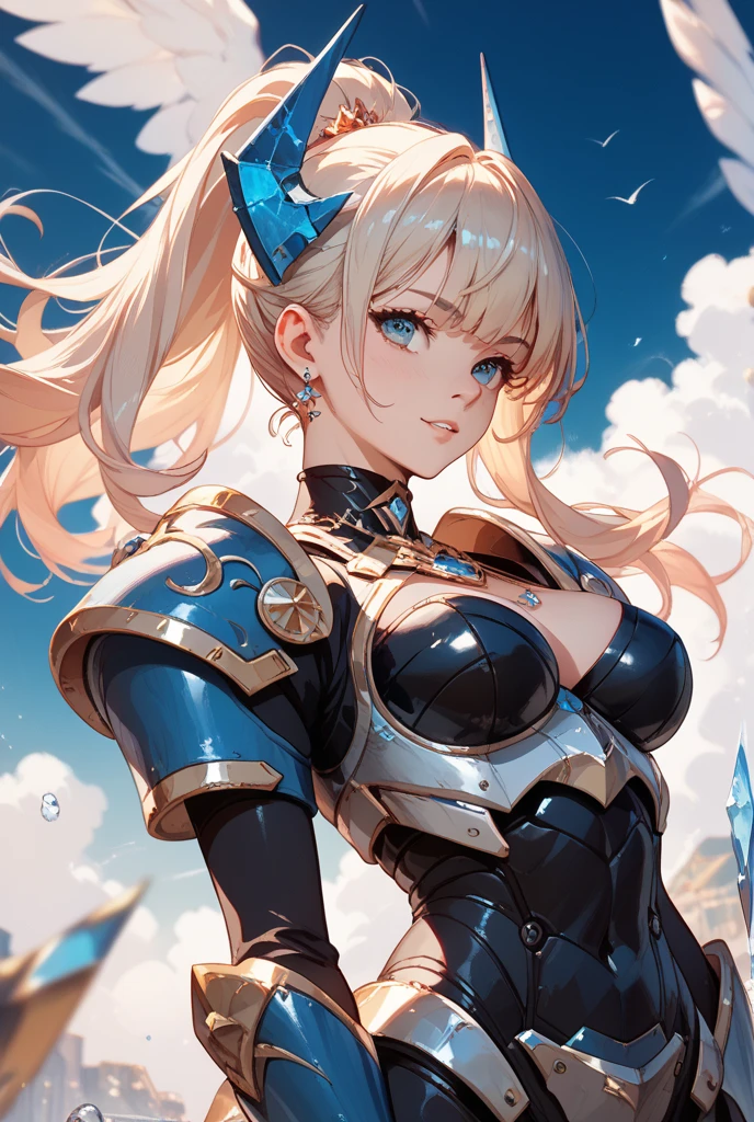 best quality, official art, masterpiece, textile shading, HDR, very detailed, colorful, best details, fantasy, battle suit,1 female, 25 years old, Moonlit night with an old castle in view, romantic low bun, big breast, skinny,Surrounded by a large crowd:1.9、Confetti flutters、Blessed、cameltoe:1.3,