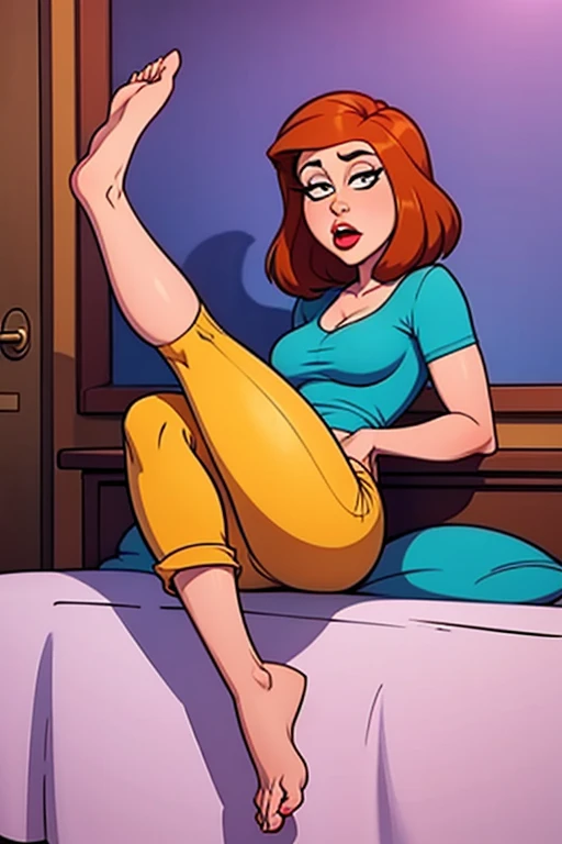 sam, totally spies, green eyes, orange hair, skinny, blue pants, midriff, bare shoulders, feet, kneeling, penis at face, shota-boy, room, foreskin