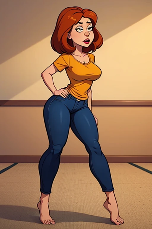 8K, Ultra HD, super details, high quality, high resolution, Masterpiece, intricate details, 1female, solo, 38 year old female, adult female, long brown hair, bangs, blue eyes, red lipstick, mascara, medium breasts, red manicured nails, looking at viewer, whimsical expression, calm smile, house wife, mother, ((Wearing: Orange V-neck shirt with long sleeves, widding ring, pearl necklace, grey leggings, and heels)), standing, looking at viewer