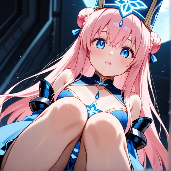 Ample breasts,pretty girl、Pink Hair、Blue Eyes、Blue leotard、Star pattern、Bright atmosphere、smile、High leg、Spreading her legs
