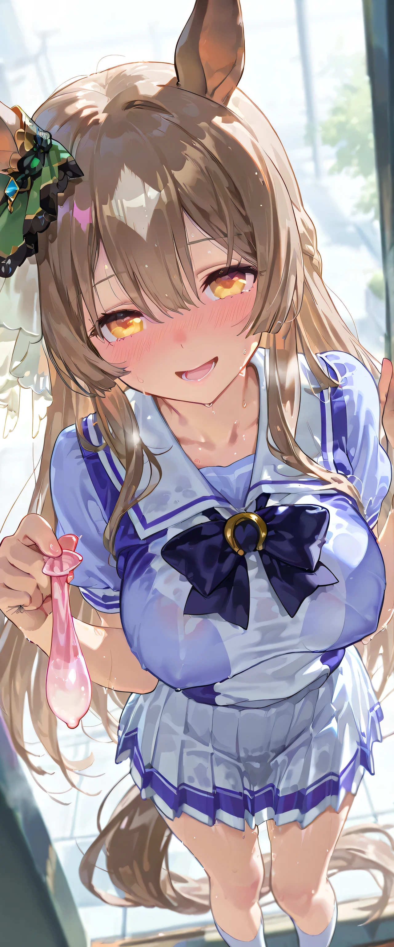 (masterpiece, finely detailed beautiful eyes: 1.2), ultra-detailed, ultra high res, professional lighting, high quality makeup, beautiful detailed eyes, Extremely cute, (extremely detailed beautiful face), (Authentic skin texture:1.4), very aesthetic, latest, scenery (delicate), Volumetric Lighting, depth of coverage, shiny skin, (dynamic angle for women, front view), In the shade, Hidden, Satono Diamond \(Uma Musume\), horse ears, horse tail, (1 ultra super extremely cute junior high school student girl), (large breasts:1.1), drooping eyes, (blush:1.3), (sexual aroused face:1.5), (sweat:1.2), (steam), (slender body, slender stomach:1.1), long hair, (erect nipples:0.8), (school uniform), clothed, (from above), shy, smile, open mouth, (A used condom with a large amount of semen:1.2), (holding a used condom:1.1)