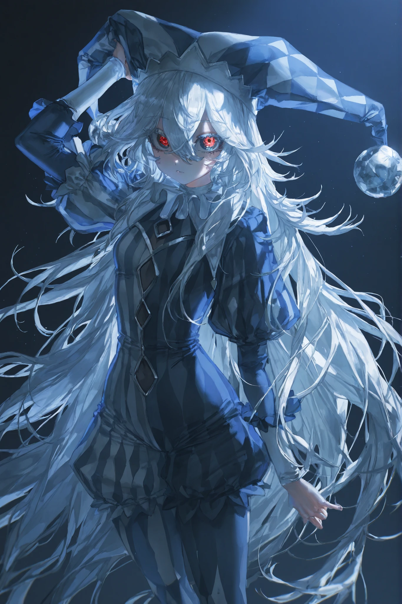 mahito,quasarcake,tsukko (3ki2ne10), female, jester outfit, cerulean and dark blue theme, white hair, from above, checkerboard pattern,hair between eyes, slightly long hair, zoomed in, masterpiece, best quality, absurdres, newest, very aesthetic, amazing quality,highres,sensitive, highres, ultra detailed, best anatomy, HDR, 8K, high detail RAW color art, high contrast, large eyes, extremely dynamic pose, angled pose, angled shot, cowboy shot, cropped perspective, zoomed in