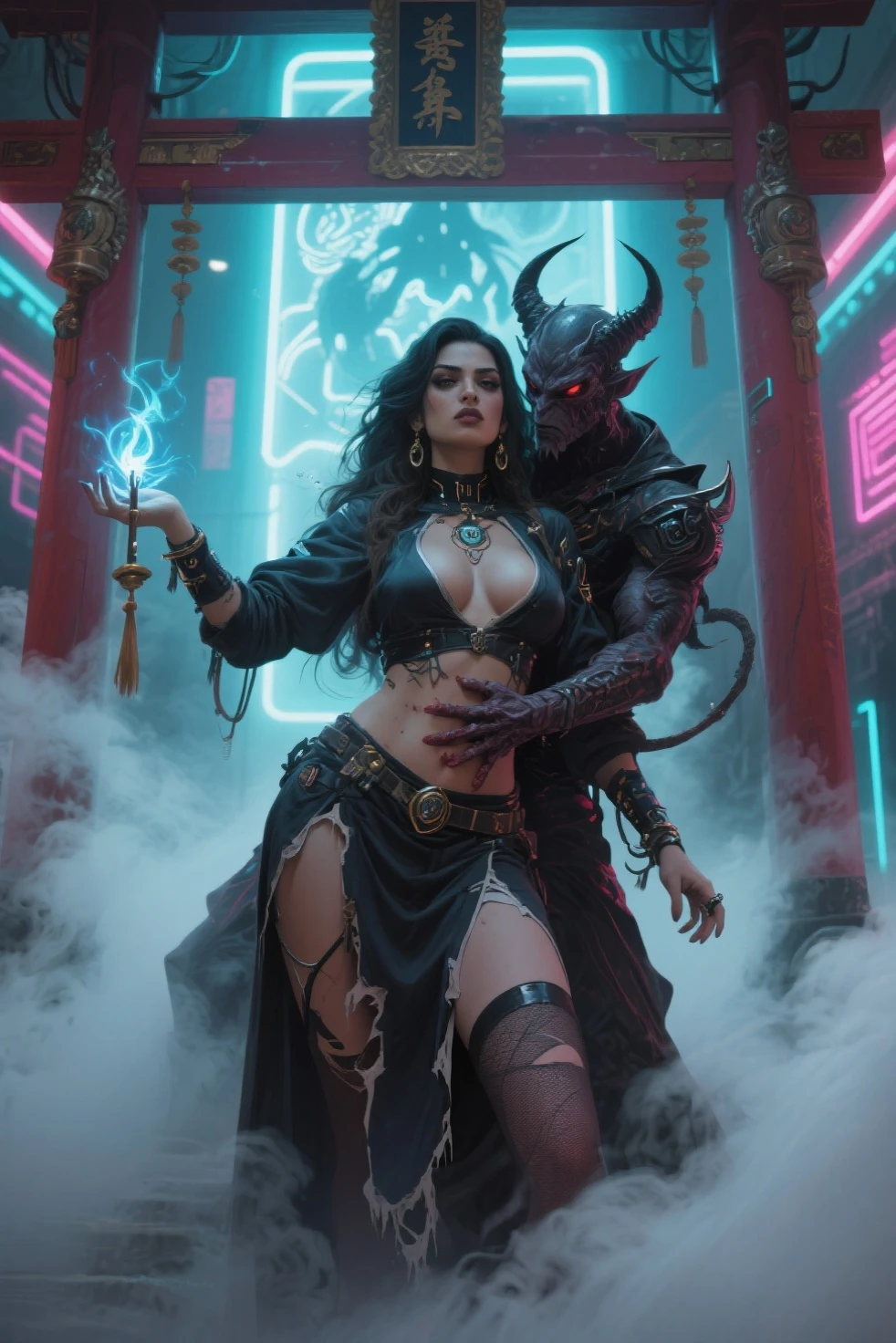 sexy dark witch woman and a goat devil dancing together inside a magic circle in a sinister and mysterious environment