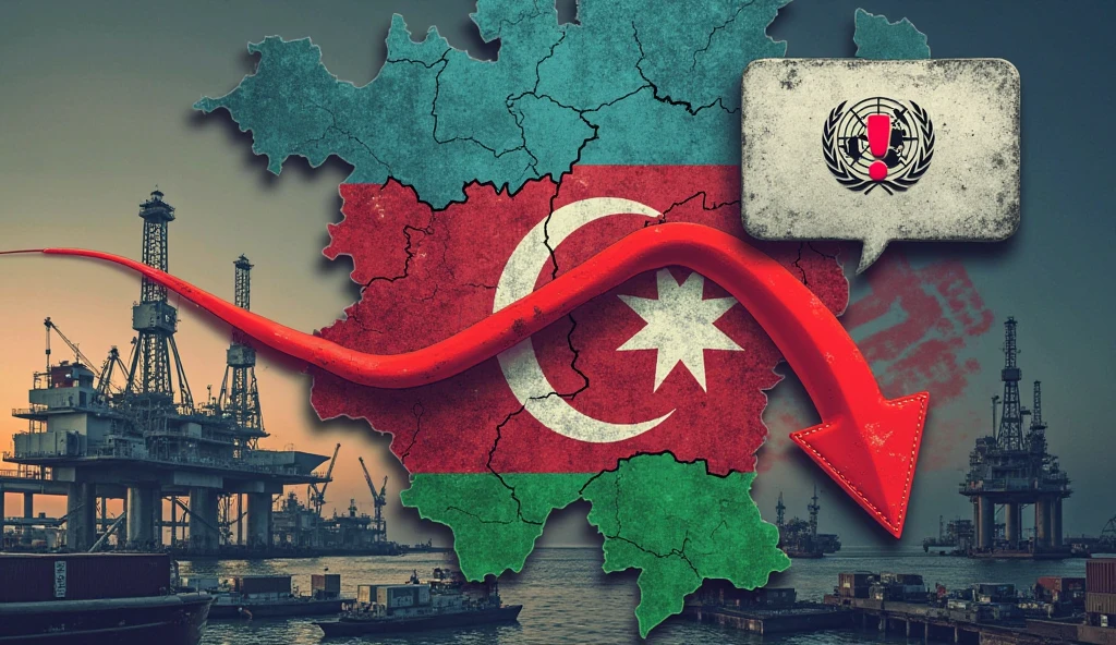 In the city of Baku, I want a photo in a form where oil wells and a very small Azerbaijani flag can be seen. Let the Azerbaijani flag hang from the well so that the sea can be seen 