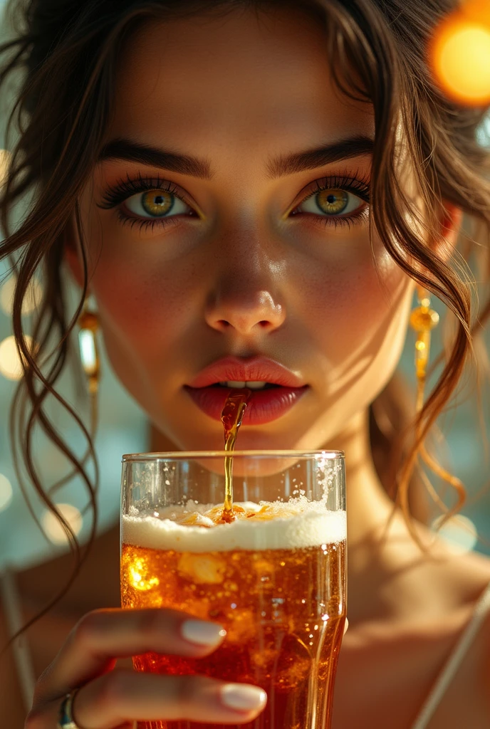 , photorealistic girl, beautiful detailed eyes, beautiful detailed lips, extremely detailed face, long eyelashes, curly hair, , drinking beer, mountain view, epic sunset,  , man with big  8k, high quality, realistic, cinematic lighting, dramatic colors
