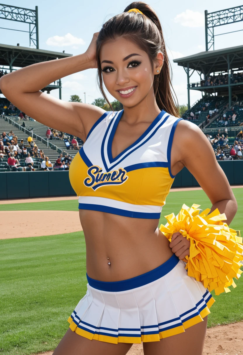 score_9, score_8_up, score_7_up,, , 1girl, , katara, dark skin, avatar the last airbender,large breasts, microskirt, cheerleader uniform, wardrobe malfunction, nipple, pussy, cheerleading, pom poms, football field setting, bouncing breasts, exposed breasts, shirt up, cute girl, erect nipples, blue clothes, exposed midriff, naval, action shot