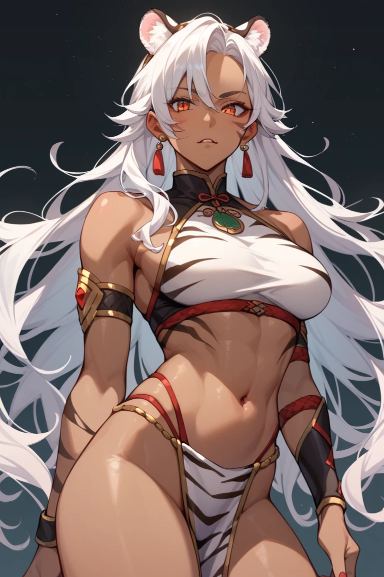Albino Wild White Wolf, a goddess, Anthropomorphic she-wolf, There is a white wolf's tail, Very long messy hair and long bangs, beatiful face, ((A wary expression on the face of a distrustful person)), is looking at the camera, cos: covered with wolf hair, skin color: Bright white, sweaty body, Body glare, tanned body, ((pretty eyes)), red-eyes, ((Perfect Sexy Figure)), Ideal body shapes, big thighs, ((sophisticated and beautiful)), ((Wild Clothes: The white loincloth is torn and dirty, White ripped and dirty top)), Fighting Stance - Preparing to Attack, Full-length, Background: Wild Jungle Night on a Desert Island, Depth of field, ((ultra quality)), ((tmasterpiece)), Clear image, crisp details, Realistic, professional photoshoot, Clear Focus, the anime, Colorfully drawn, NSFW
