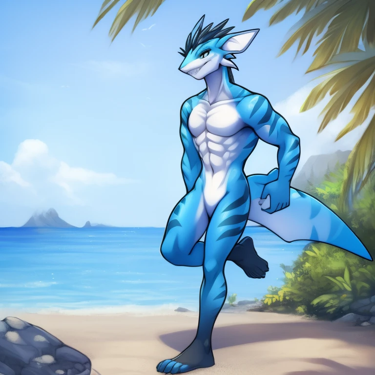 ultra-detailed, masterpiece, masterwork, high quality, best quality, hdr, posted on e621, (by darkgem), (nature, sea), nsfw, male, solo, chibi, (blue little body dragon), hairy dragon, (long silver hair, yellow eyes, white shark body), (nude, foreskin, small penis, balls), front view, dynamic angle, (wet body, )
