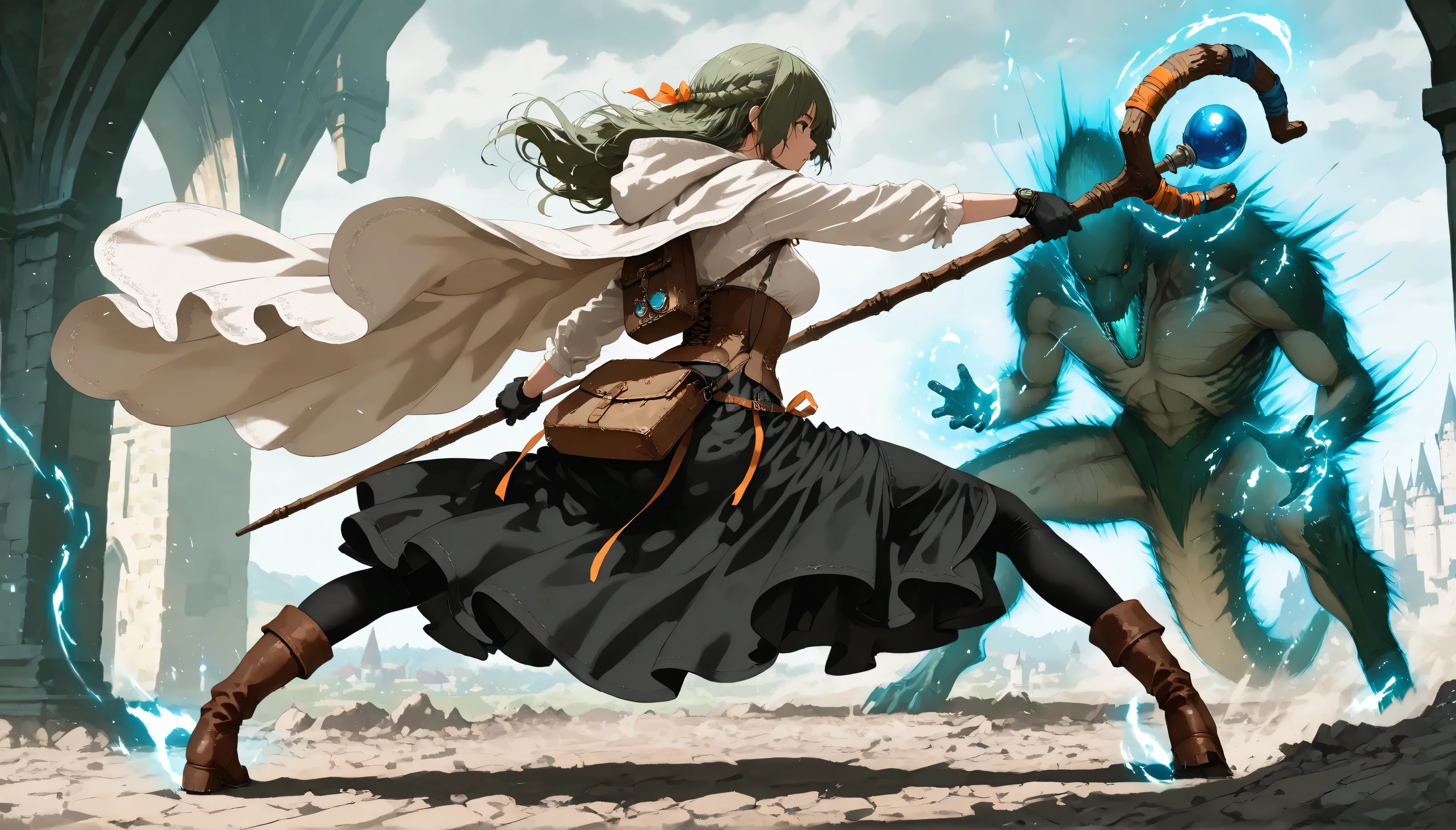Masterpiece, 8k, fantasy world, female character, 1girl, high detailed cotton black dress shirt, (wind blows), silk long skirt, corset, glove, black thighhigh, boots, slender body, medium breasts, white long cloak with hoodie, one side braided long hairstyle, thin dark green hair, orange ribbon, many items, cinematic lighting, dramatic atmosphere, intricate details, vivid colors, fantasy landscape, medieval castle town, digital art, holding a long magic staff, watch on waist, back pack, hip bag, (magic attack:1.3), pigeon toed, looking at big monster, midday, (She dances with her staff, blitz down big monster one after another:1.3), battle scene, (dynamic action pose:1.2), spread legs, from side,