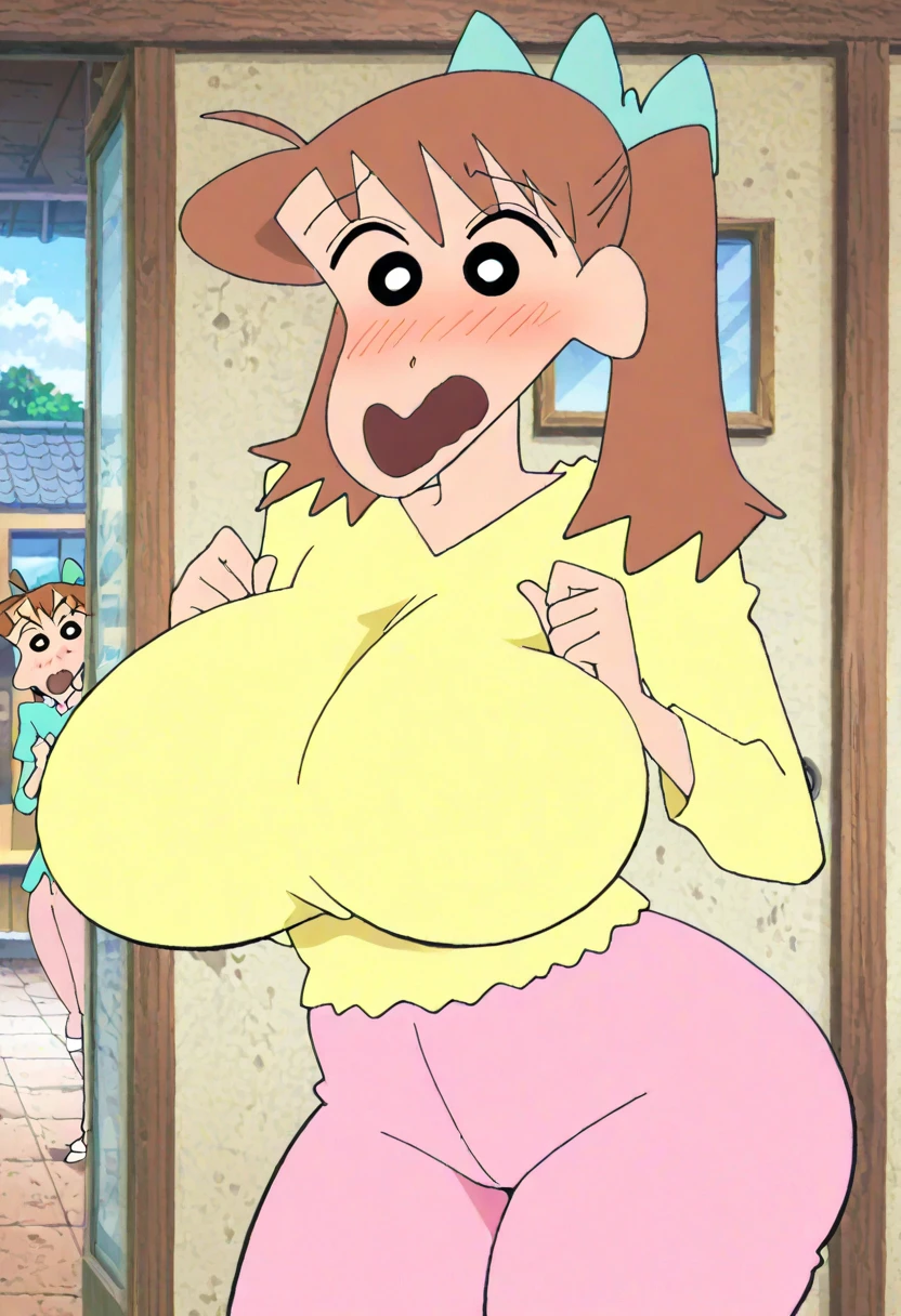 Misae Nohara, (Auntie:1.5), (Mature Woman:1.5), (absurderes, 8K, 4K, masutepiece, hyper extreme detailed:1.2), Best Quality, Perfect Anatomy,Perfect face,High humidity, (Huge breasts:1.7), (A sheer pink nightgown:1.4), (Wet:1.2), (.Alley:1.3), Graffitied wall, Garbage can, Scattered trash, (alone:1.5), (Brown eyes:1.2), (Clothing is revealing:1.2), Exposed shoulders, Torn clothes, Are pregnant, Firm breasts, Upturned nipples, Showing cleavage, Mole on chest, (Thick armpit hair:1.4), (blush:1.2), A kind smile, relief, peace of mind, (maternal:1.3), (Gentle look:1.5), Smiling face, (Outdoor:1.5), (Out:1.3), half closed eyes, naughty face