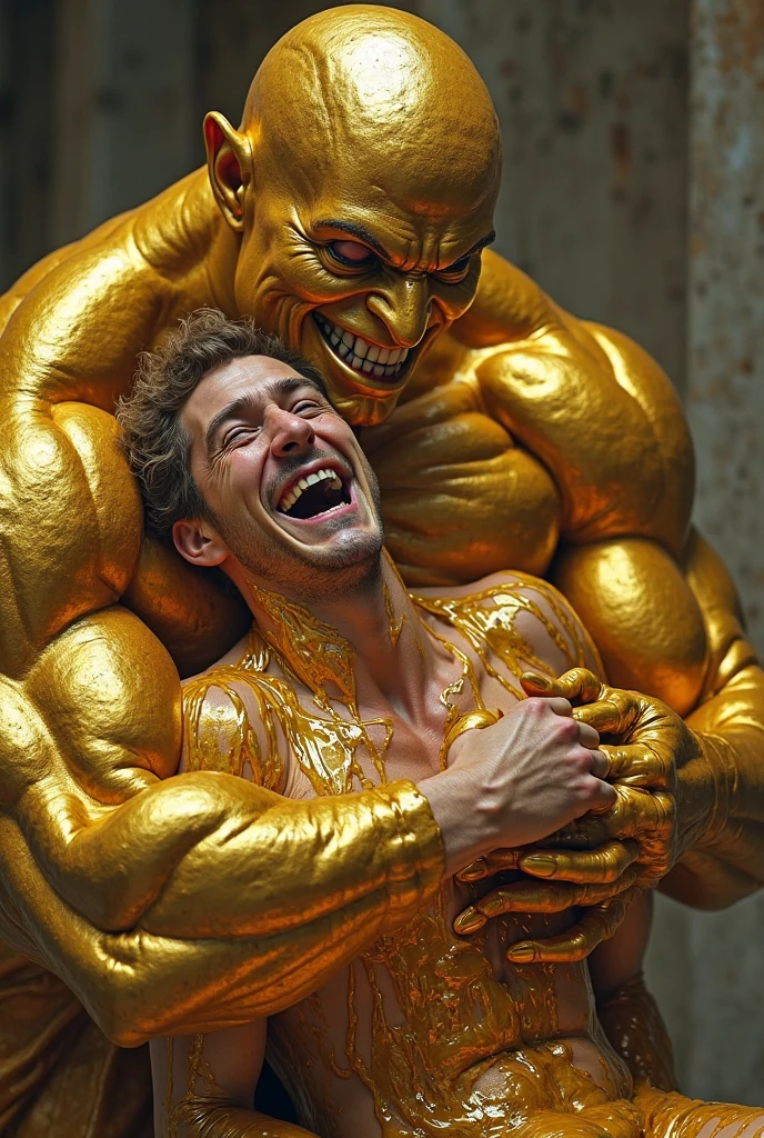 Face focus, pov, handsome muscular shirtless blonde haired man laughing and winking, hands above head, armpits tickled by feather, feather tickling neck, feather tickling neck, feathers touching all over body, dungeon background