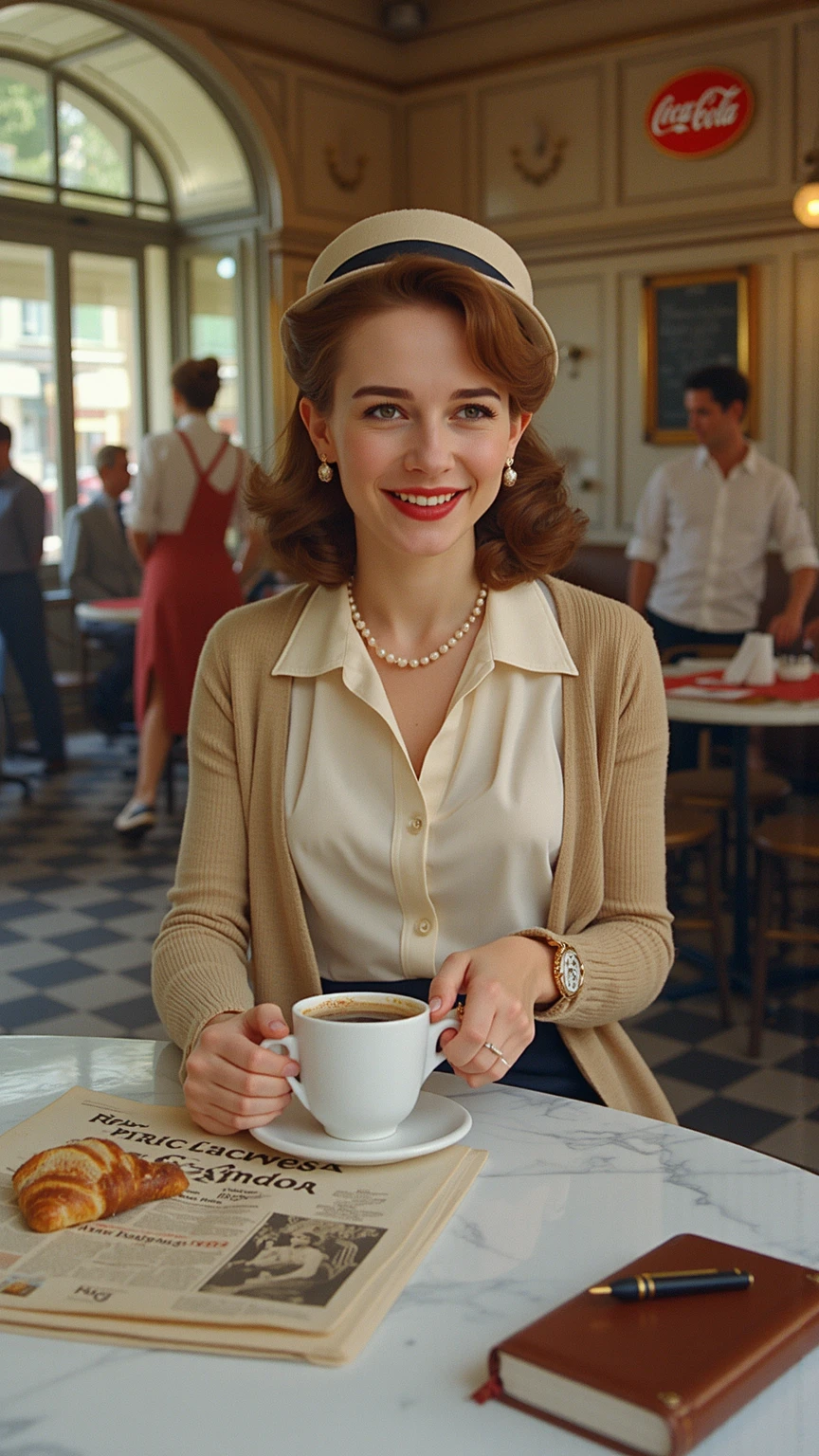 1950 Beautiful Parisian, elegantly dressed in a busy Parisian café, light blue blouse, busty, Decollete, Sipping coffee, Hyperdetailed, sensual smile, sexy, Bedroom Eyes, ultra sharp, long chestnut brown hair, Bob haircut 8k, (insanely detailed:1.5), Full body photo, 20 megapixel, Canon EOS R3, detailed skin, pale skin large breasts fall out 