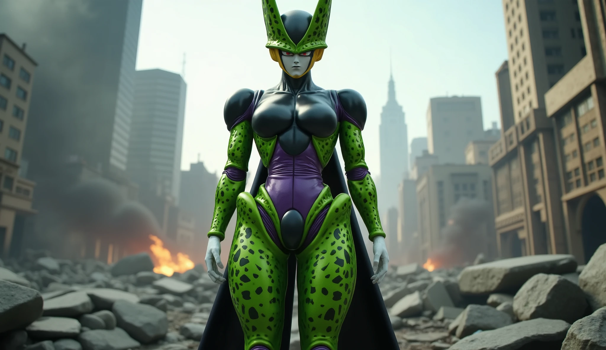 ultra realistic cinematic shot of an attractive female alien bio-warrior inspired by a female version of Cell perfect form from Dragon Ball, tall and voluptuous with smooth green exoskeleton covered in black patterns, big chest, biomechanical armor-like curves with purple core on chest and abdomen, sharp facial features with elegant crest extending from the head, long legs and slim waist, standing powerfully in the ruins of a futuristic city with smoke and fire in the background, cinematic lighting with metallic reflections, a mix of danger and beauty, live-action realism