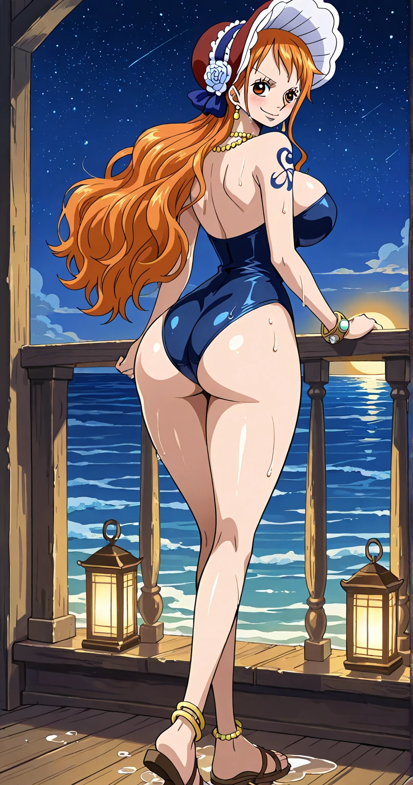young girl, 25 years old, medium sized breasts, blue Black striped panty and bra, Orange hair, 4k, loose long curly hair, view from side, full standing body, cute smirk