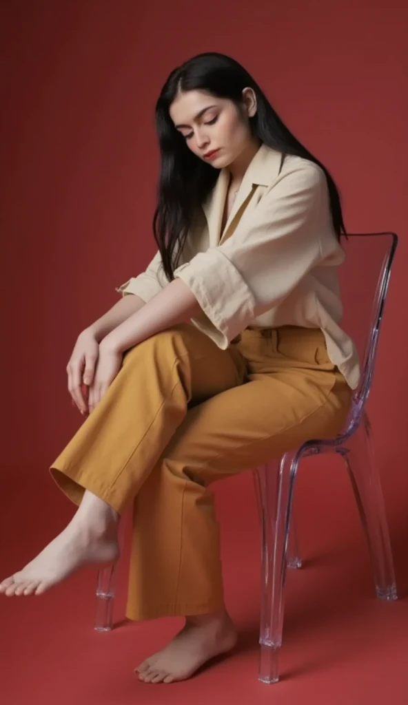 best qualityer:1.4), (ultra high resolution:1.2), (photorrealistic:1.4), (8k, CRU photo:1.2), 1 28 year old woman with white skin. Long straight black hair all swept to the right side. brown eyes . He is wearing a white shirt and a black dress shirt on top.. black dress pants. black highheels. She is sitting on top of a colorful cube. You are in a photography studio with a white background. Brazilian