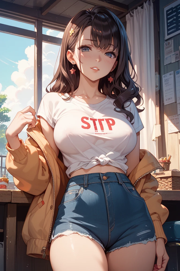 a hot asian girl with big  and wide hips wearing a tiny skirt and a wet white shirt no bra eating a popsicle