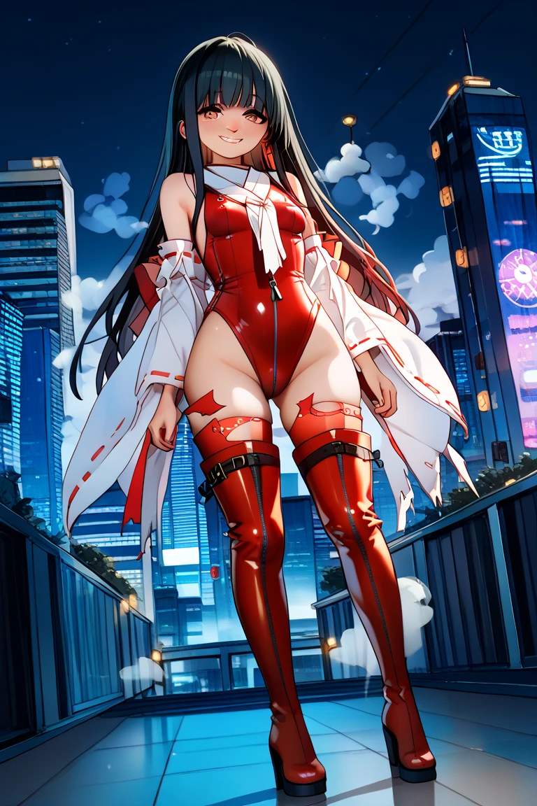 ((((High resolution, Intricate details, masterpiece, 8k, from front)))), (((beautiful, Ultraman, Wearing a shiny suit, Do not expose skin, Stiletto heels))), ((In the town, One Woman, smile, Red cheeks, Big Breasts, Large Breasts, Huge Saggy Tits)), (Black Hair, Beautiful forehead, Long Hair, ponytail, Big ribbon, Glowing Skin), from front, looking at viewer, look at viewer, pub, bright,
