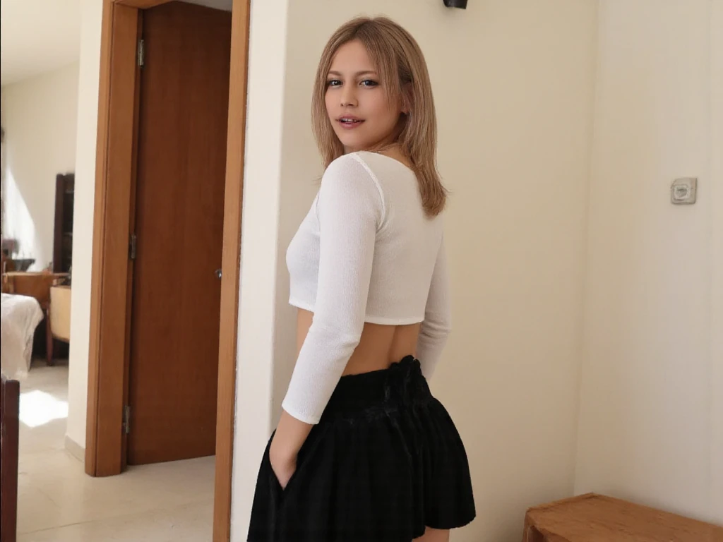 Masterpiece, award winning photo, short skirt, crop top, sexy pose, smooth skin.