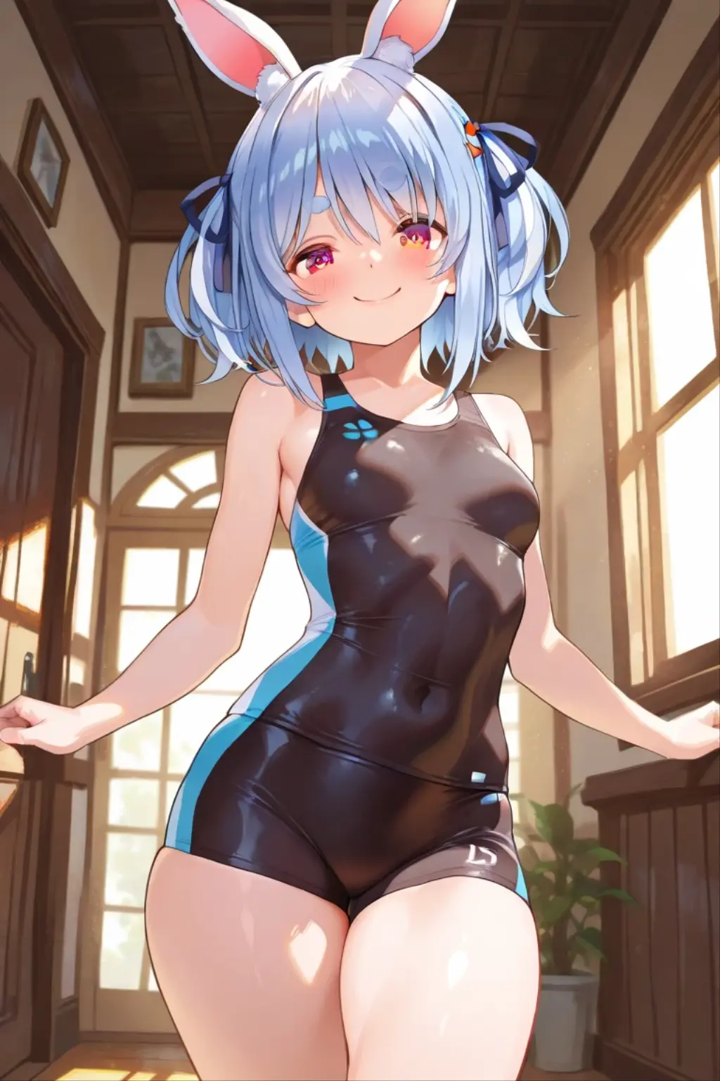 score_9, score_8_up, score_7_up, perfect face, perfect eyes, 1 girl, sfw, medium breast, blunt bangs, twintail hairstyle, smug face, hands on hips, latex leotard, thigh highs, exposed shoulders, in a room