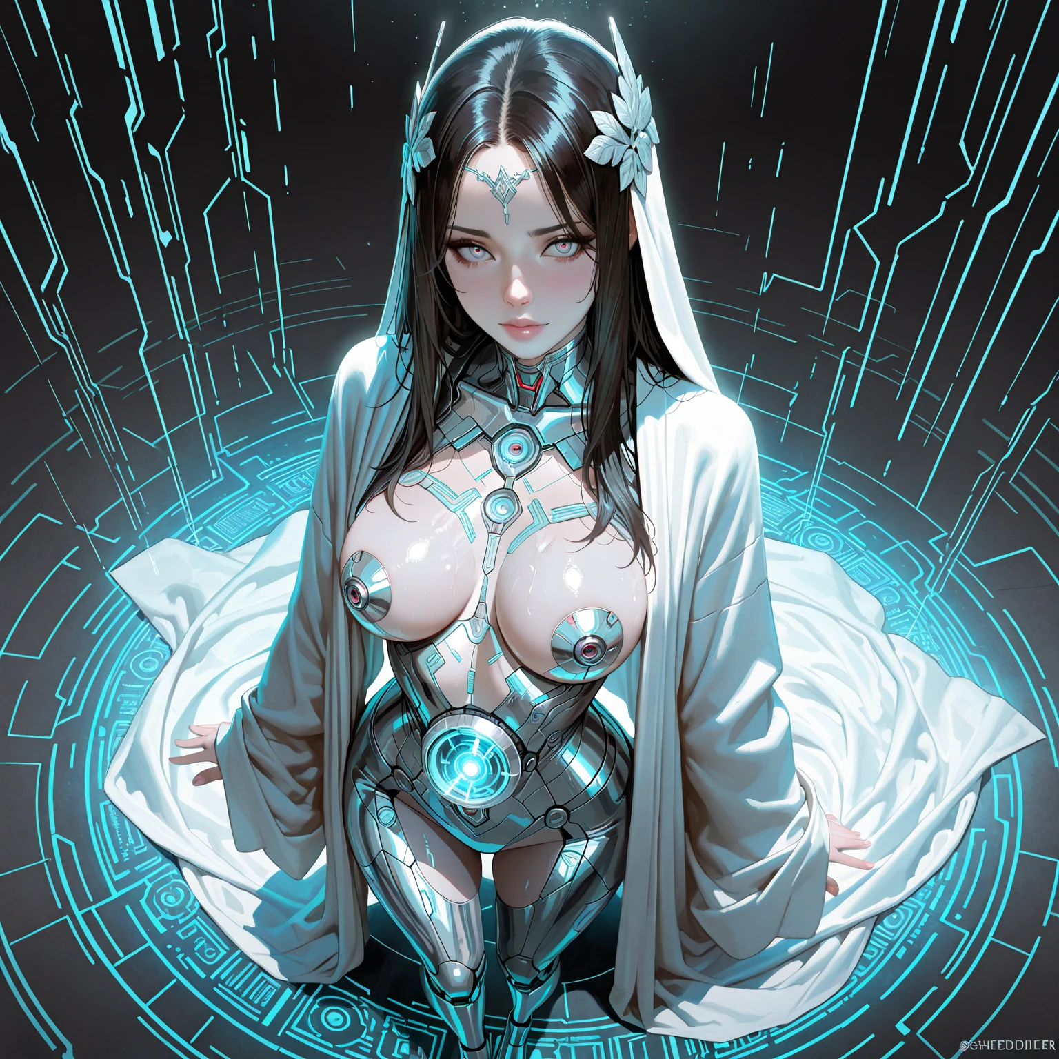 Voluptuous white nude woman, black long hair, blue intense eyes, nude woman, naked with fair complexion lounges sensually WITH spreading legs wide open, otherworldly outspace world. HerS curvaceous, full-figured form is adorned with intricate, mystical body art and dark, smoky makeup, shapely silhouette predatory, seductive and menace expression.