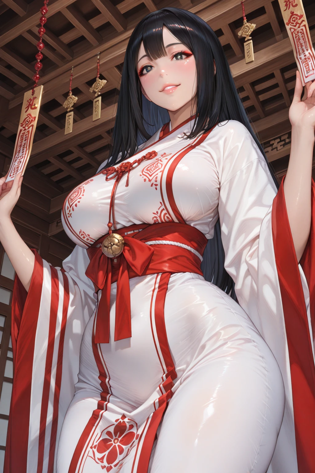 1 Woman, mature, High (1.85 cm), looks about 35 years old, has long black hair, straight and shiny, tied in the Chinese Taoist style, majestic black eyes, Extremely detailed eyes, perfect eyes, đôi mắt cực kỳ thực tế, balanced eyes, Long eyelashes, Anime style, perfect face, milf face, full red lips, mature, smooth white skin, natural body, sexy body, milf body, Perfect hands, detailed hands, arms in proportion to the body, đôi tay thực tế, arm with good anatomy, She was wearing only a red Chinese style dress decorated with gold and silver with phoenix motifs woven into the dress but still could not hide her extremely large and gigantic breasts., very big breasts, four hands can lift,breasts sag due to their size, thick thighs, wide hips, look at the viewer, The background is a Chinese-style pavilion., pose alone, look at the viewer.