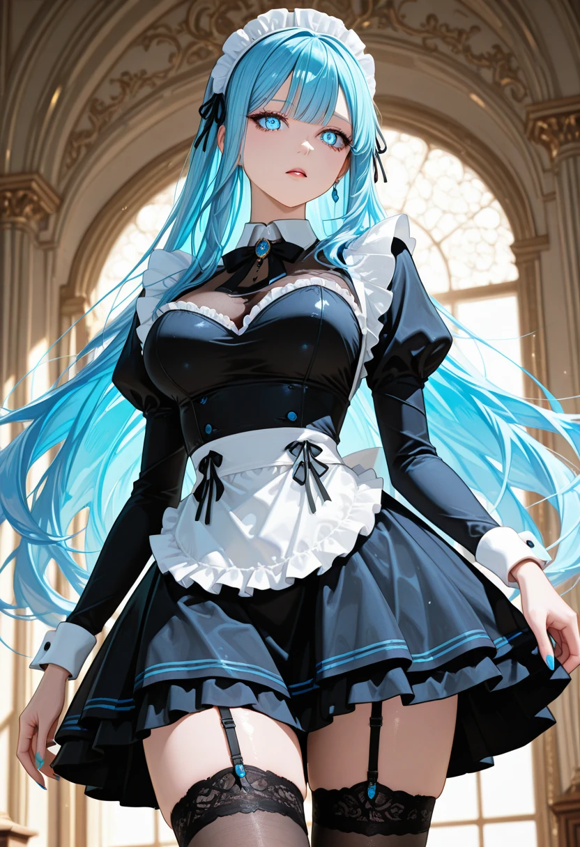 (​masterpiece、top-quality、hight resolution), A wealthy, elegant married woman giving a seductive sidelong glance, but with a subtle expression of guilt. She is dressed in luxurious, high-quality clothing, standing in a beautifully decorated room. Her eyes are inviting yet hesitant, as if she knows she shouldn't be doing this but can't help herself. The lighting is soft and warm, highlighting her conflicted emotions. nsfw, Twin_Turbo_Umamusume, aqua hair, twintails, heterochromia, purple eyes, blue eyes, Sexually frustrated, sexually aroused,  build