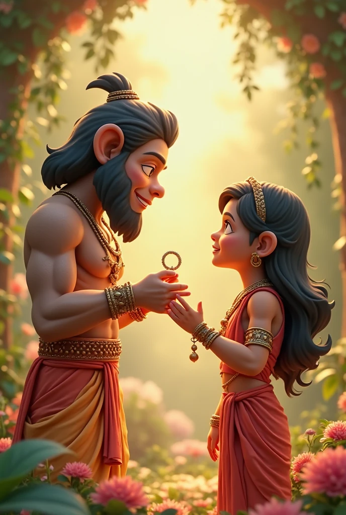 In cinematic cartoon 3d style
In the foreground, Hanuman is depicted in a small, humble monkey form, but with a determined and powerful expression.
•He is seen handing a ring to a sorrowful Sita, who is sitting under a tree in the Ashok Vatika, surrounded by beautiful flowers but looking distressed.