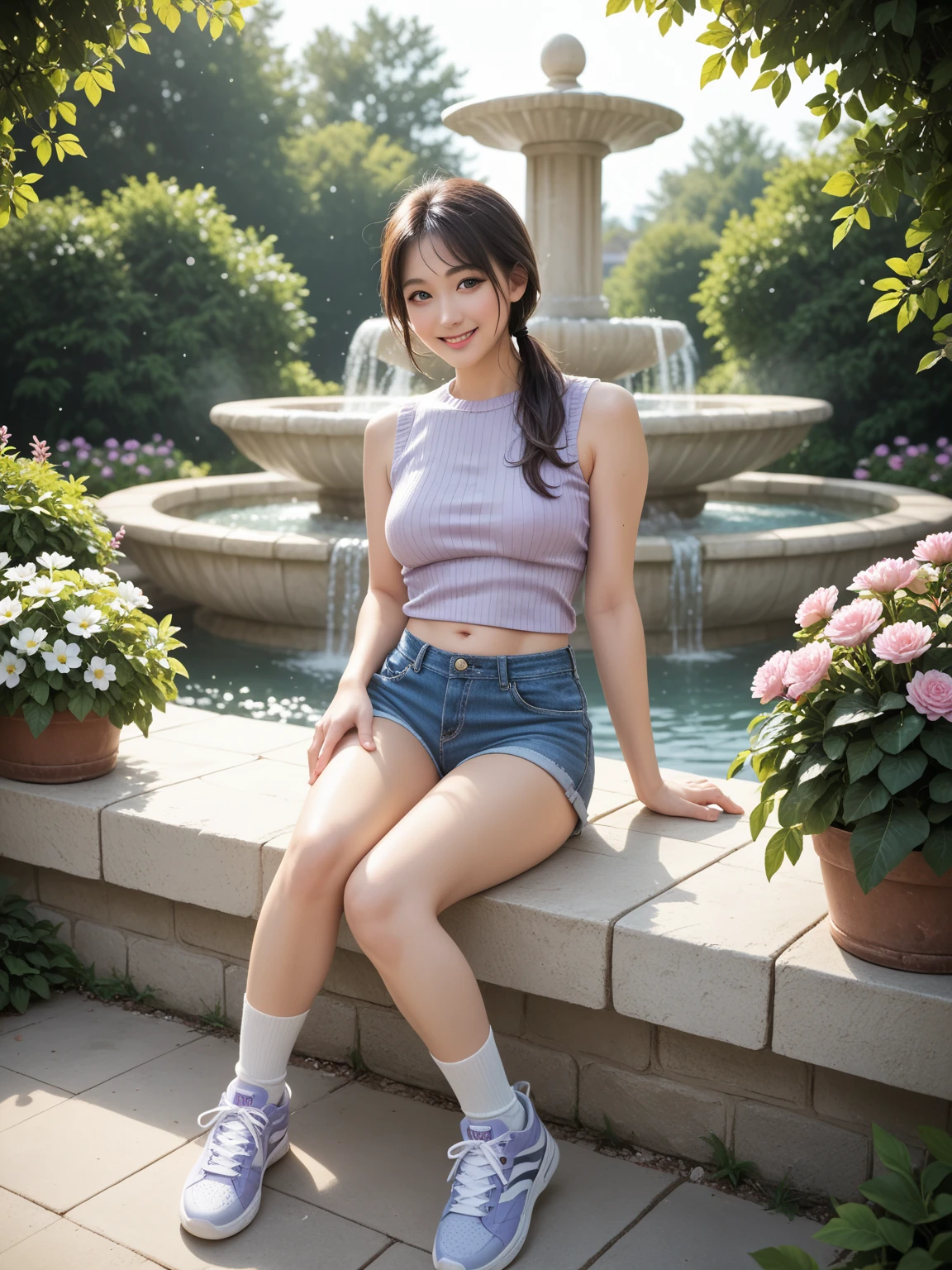 1 girl , 8k,realisticlying, best qualityer, sea beach((Eye makeup))((((short skirt)))),((slippers))(((Open your legs to reveal your panties)))(((Happy expression: 1.8)),full bodyesbian, (Larger chest), Twinkle, (20yr old), ((Slimmer figure: 1.5)), (((camisole: 1.5)))), ((Nice hairstyle: 1.5)))),((((ankle)))),((((Toes)))