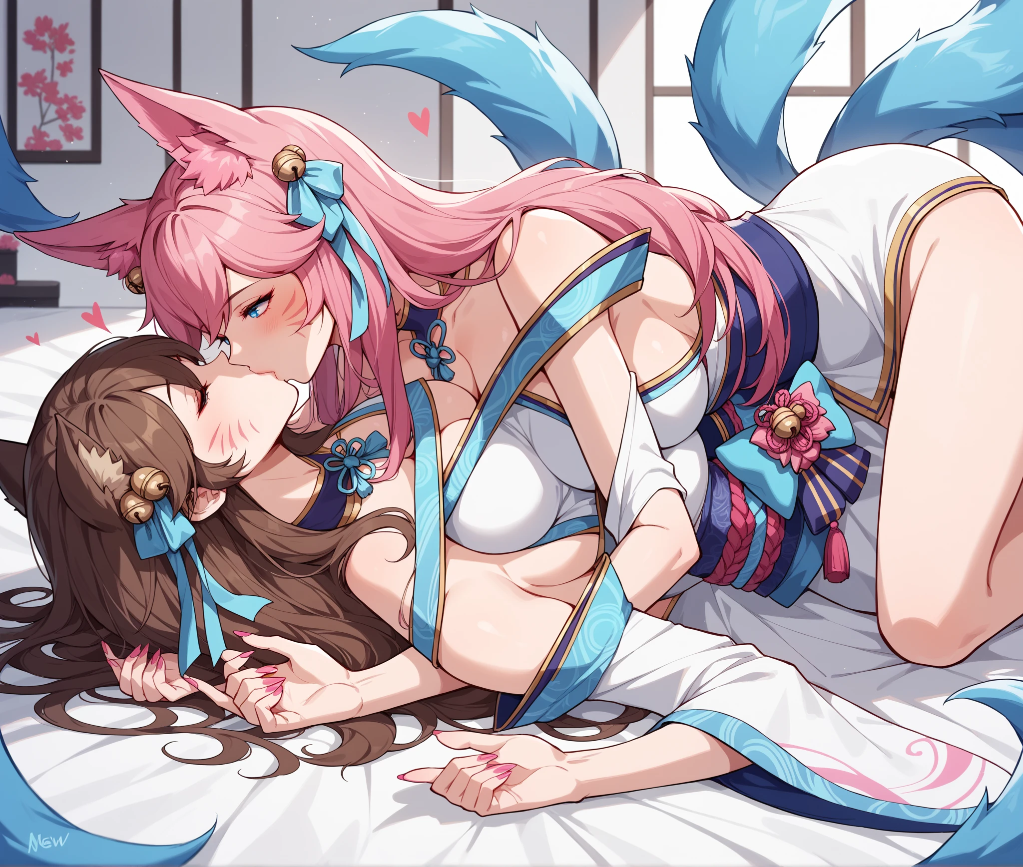 handjob, excessive cum, cum to self, source_anime, duo, gynomorph/male, dominant gynomorph, futa on male, humanoid/human, human on anthro, interspecies, big dom small sub, height difference, penis size difference, age difference, missionary, vaginal penis, sitting, 2 penises, small penis, huge penis, futanari, orange skin dark green hair, very long hair,,oni, horn, Large Breasts , kimono, larger female, voluminous hair, girly femboy, otokonoko, white skin, smaller male, dress, flat chest , dark black long Hair, straight hair, futanari