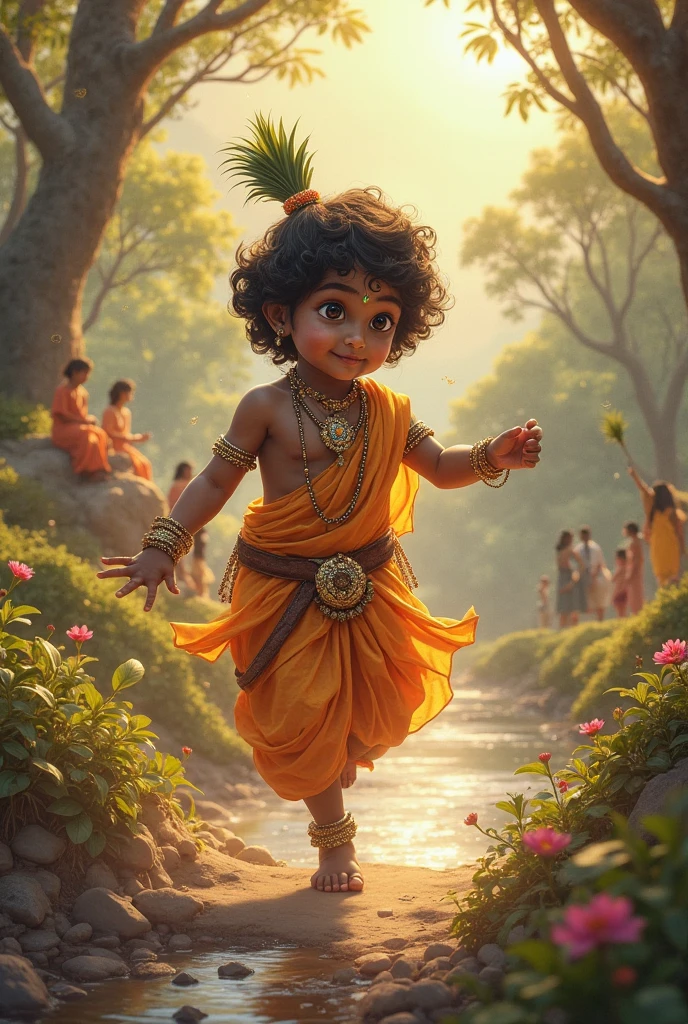 Little krishna is standing in a village