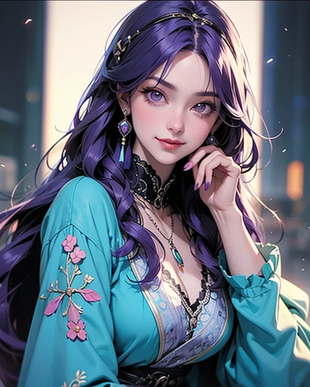 a close up of a woman with colorful hair and a necklace, anime girl with cosmic hair, rossdraws pastel vibrant, artwork in the style of guweiz, fantasy art style, colorful]”, vibrant fantasy style, rossdraws cartoon vibrant, cosmic and colorful, guweiz, colorfull digital fantasy art, stunning art style, beautiful anime style, exhibitionism,  navel, , public indecency, looking at viewer, 1girl, collarbone, flashing, , naked coat, outdoors, open coat, thighhighs, public nudity, open mouth, coat, short hair, medium breasts, black thighhighs, open clothes, black hair, solo, smile, , blush, sanpaku,