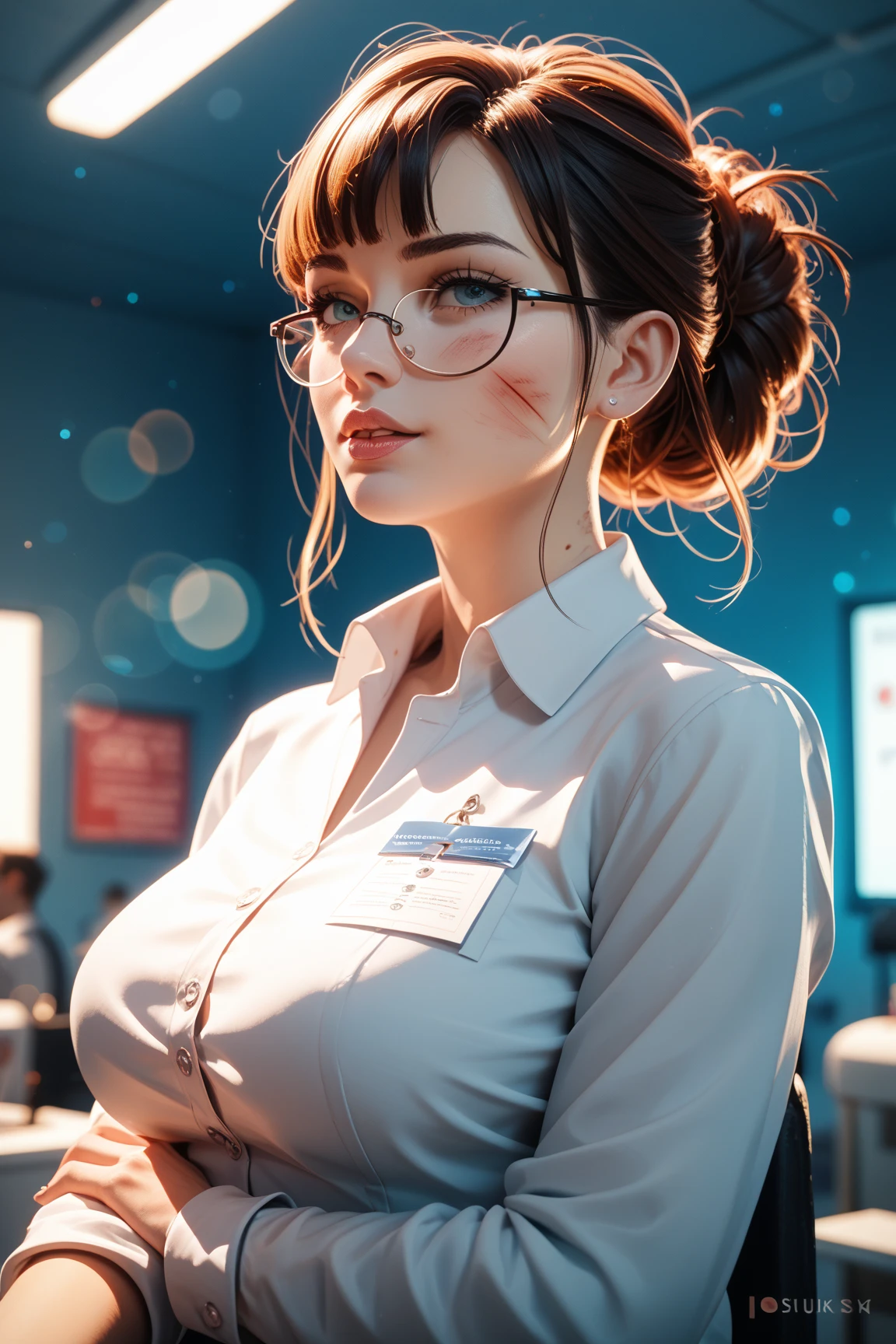 a woman nude , huge breasts, cleavage, smiley face, sexy librarian, sexy body, buxom, large glasses, big glasses, big, thick rimmed-glasses, experimenting in her science lab, thick rimmed glasses, with glasses on, enormous, aurora green, large hips,brown and black medium hairs, maximum sharpness and clarity,so sexy ,anime,angle