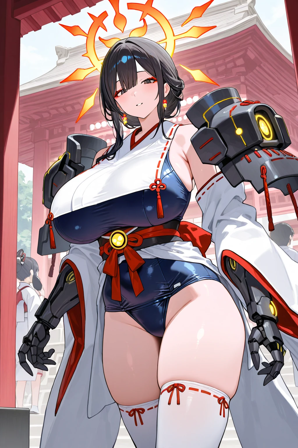 (liuhuo2:1.2),<lora:liuhuo2_1:0.8>,1girl,solo,best quality,masterpiece,streaked hair,hair bun,earrings,large breasts,short hair,standing,bent over,(half-closed eyes:0.6),:D,smirk,naughty face,upper teeth,skin fang,bright,depth of field,beach,sand,waves,thick eyebrows,short eyebrows,white china dresswhite china dress,hip pouch,green gloves,, masterpiece, best quality,