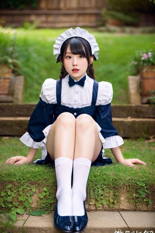 parks,Lying on the grass,Head up,1girll,double tails,brunette color hair，Qi bangs，curlies,maid,Flying,White sailor suit and short skirt,blue bow,16-year-old female model,