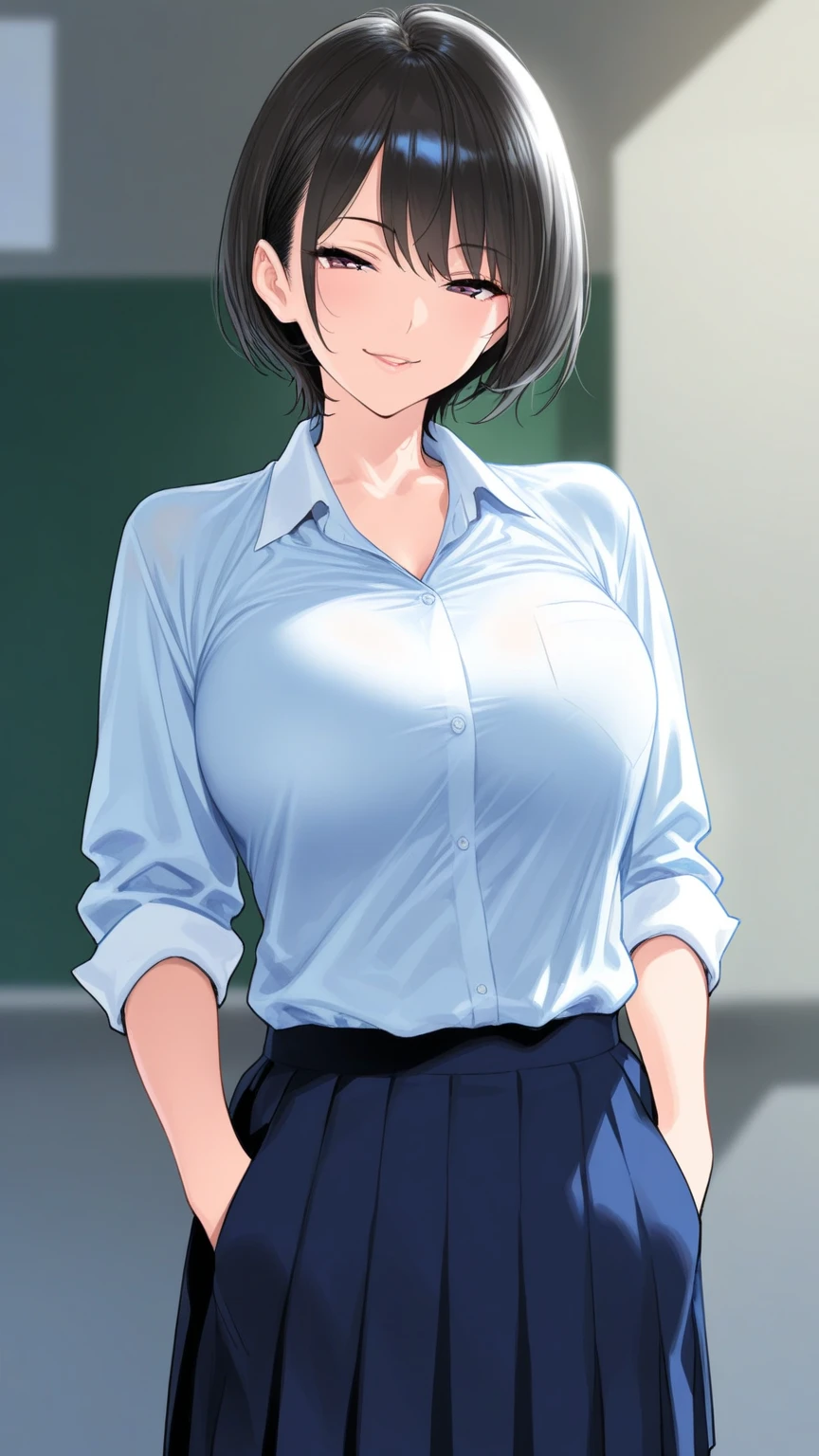 score_10, score_9, score_8_up, score_7_up, BREAK, source_anime, anime screencap, anime coloring, detailed face, a stiff-looking beautiful female teacher, detailed beautiful big brown eyes, large breasts, 36 years old, milf, black hair, skinny, One length medium bob hair, asymmetry_bangs, forehead, hair behind ear, black hairpin, Wears glasses, white shirts, short sleeves, button gap, black micro skirt, skintight, zettai ryouiki thighhighs, visible black lace thong, teaching in front of the blackboard, (holding a textbook, hand on hip), smile, shaped eyebrows, open mouth, classroom, thigh gap, unshaven hairy natural armpit hair, unshaven hairy natural public hair