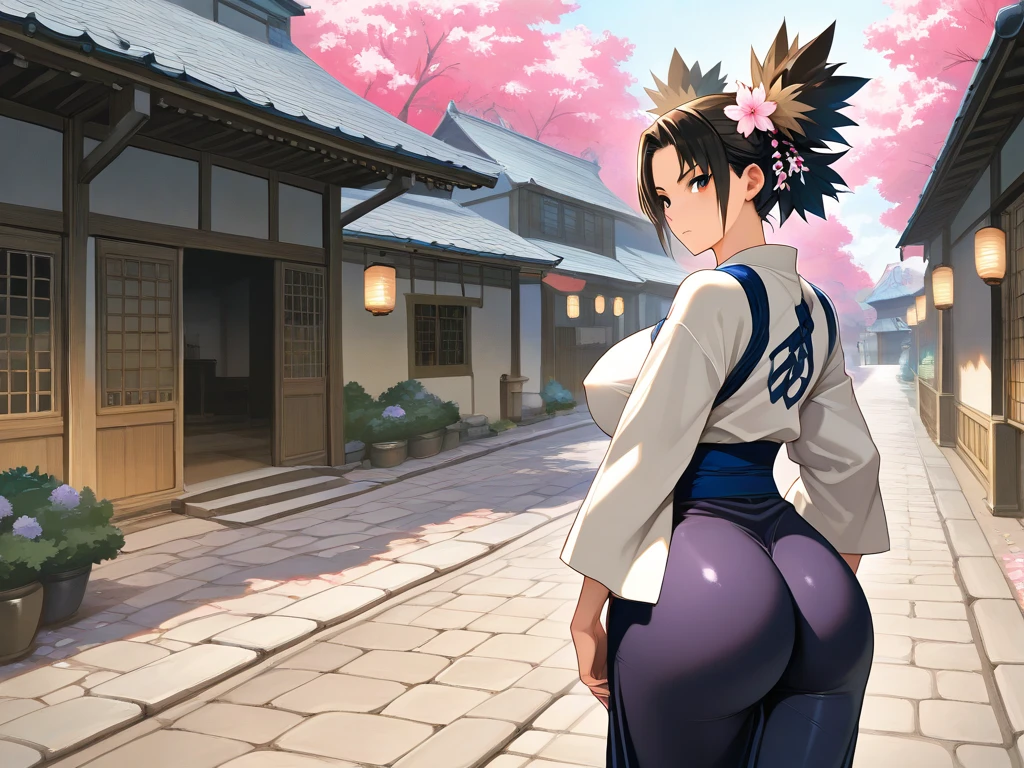 Masterpiece, highest Quality, Highest Resolution, perfect detailed modern anime style, anime lighting, detailed background, detailed, Sauda, 1girl, black hair, red eyes, long sleeves, sidelocks, japanese clothes, barefoot, kimono, sash, headband, obi, furry, furry female, blue kimono, short kimono, body fur, blue headband, brown fur, brown skin, feminine, facial mark, eyes-half closed, from behind, slim thighs, butt, in downtown club, public, dance floor, coloful lights, people in background, indoors, club, colorful, dancing, panties,