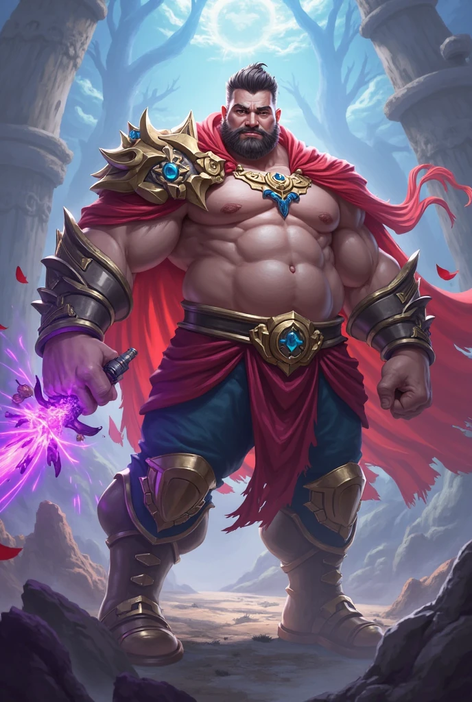 An arcane mage swirls purple, glowing, arcane energy around himself. He is an absolute muscle monster, with impossibly broad, well toned shoulders and a V shaped body with narrow waist. His shoulders are three times wider than his waist. Bare-chested, he is hairy chested, balding, with stubble
