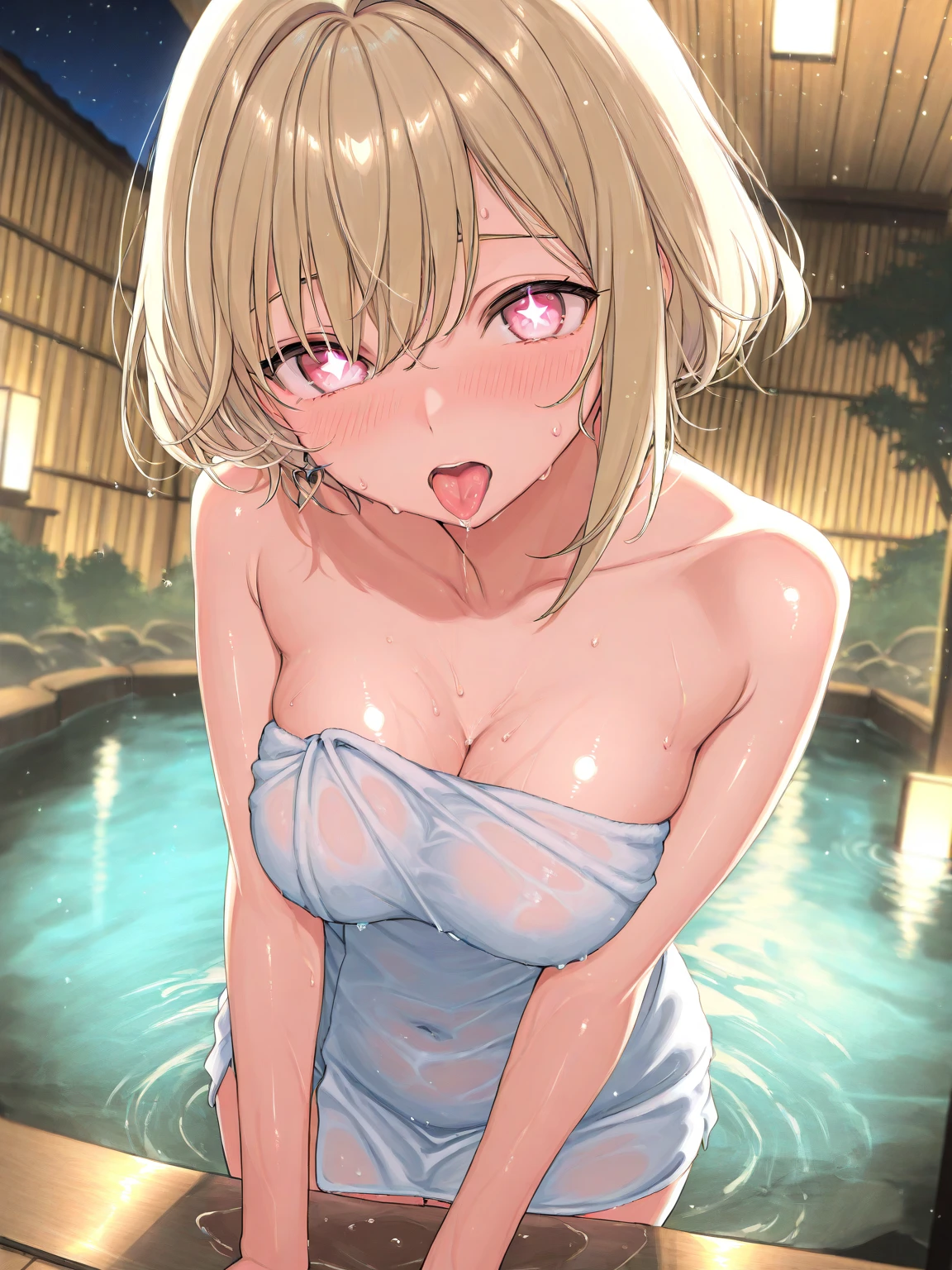 a cartoon cartoon nude girl with wet hair posing nude for the camera, 1girl, nishikigi chisato, breasts, nude, solo, nipples, completely nude, blonde hair, smile, short hair, large breasts, ribbon, red eyes, hair ribbon, red ribbon, looking at viewer, bangs, ass, soap bubbles, grin, bathing
