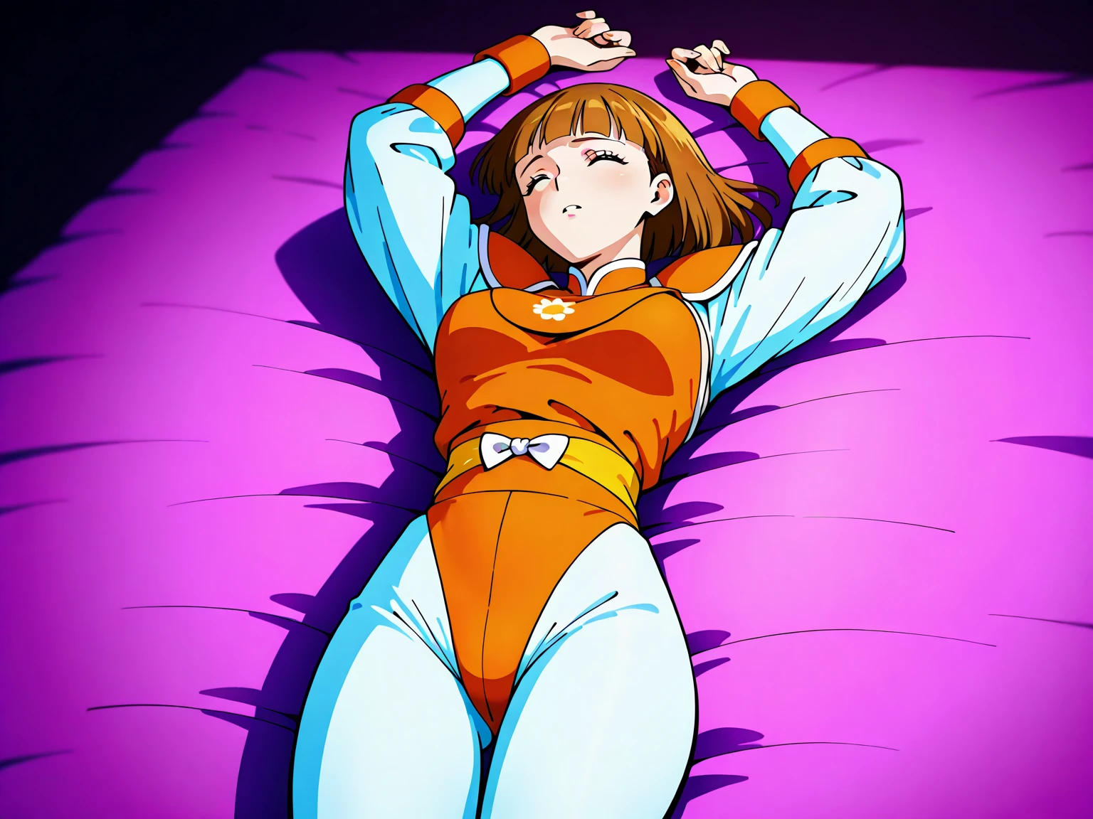 Masterpiece, best quality, Hoshizora rin, yellow eyes, orange hair,(pink tight crop top), halter neck,elbow gloves, (pink latex skirt), in street ,on ground, magical girl, upside down, earrings, defeated,torn clothes , sweating, sweating ,hard breathing , panting 