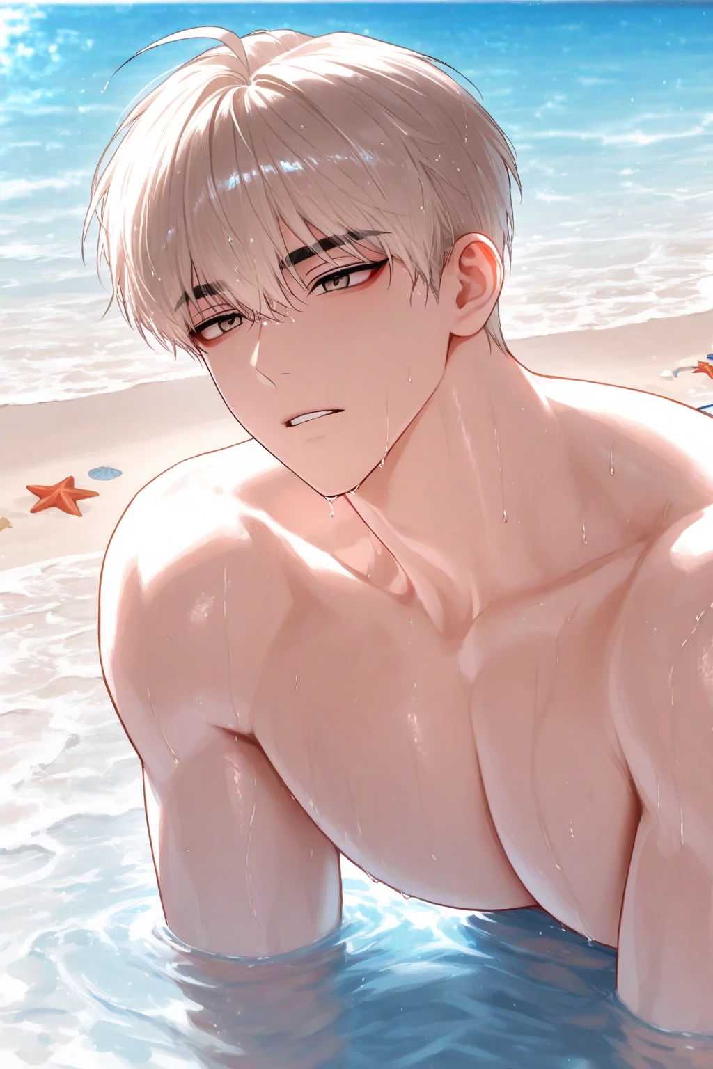 1 male handsome, Japanese model, high resolution 4k, adult, perfect face, detailed eyes and face, muscular, white eyebrows, white eyelashes, Naked torso, Detailed face, perfect face, real skin texture, detail Perfect hand, details, Real and complete hand details, unreal engine, hd picture, satoru gojo, jujutsu kaisen, white hair, short hair ,hair between eyes ,blue eyes, white skins, shorts, round buoy, water details, beach background