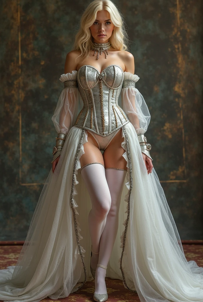 (((8k))), ((best quality)), ((masterpiece)), ((very high detailed)), ((very high detailed fantasy of two mother with their 15 year old daughter:1.5)), ((two Marilyn Monroe 34 year old ultra sexual angelic horny and incredibly gorgeous supermodel mother brides walking with their 15 year old daughter in the middle in a bridal march)), ((danish and Norwegian mixed)), (((seductive smile))), (thin waist), ((slutty make up)), ((bright crimson lips)), (( beautiful highly intricate golden embroidery corset:1.5)), ((diamond covered bridal vale)), ((in church bridal march)), ((holding a diamond studded white flower bouquet in hand)), ((walking towards the camera)), ((must have sparkling diamonds waist chain)), ((perfect belly button)), ((diamond belly button piercing)), (((varying facial features))), (((must be completely naked always))), ((very sexualised)) (very long silver hair), ((sparkling white diamond crowns)), ((naked vagina exposed)), (erotic voluptuous bodies), ((silver glistening pale skin)), ((sparkling Diamond thigh highs)), ((sparkling white diamonds waist chains)), ((sparkling white diamonds very long neck chains)), ((all white church)), ((all white interiors)), ((ultra realistic)), ((real life)), ((high resolution)), ((ultra realistic)