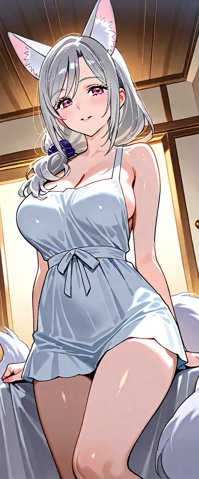 1girl, solo, nakano ichika, pink short hair, (naked:1.3), (white apron), large breasts, cleavage, thighs, cafe background, (blushing:1.2), smiling