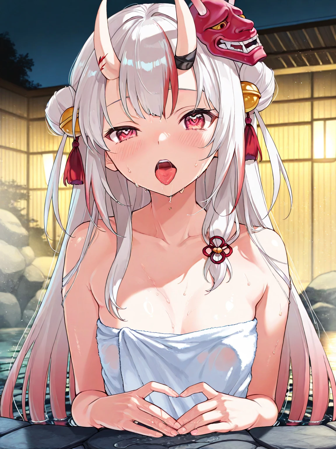 (Master masterpiece:2), (((extremely fine and beautiful))), (16 K:2), (completely nude:1.6), (medium breasts, firm breasts), (Nominal body type), (pussy crack, nipples:1.6), (cute little), (embarrassed, blush, troubled face, in heat, sexy mood:1.8), Correct anatomy, Good anatomy, (((The ultra -The high-definition))), (Ultra HD), (highly detailed)), ((Very detailed and beautiful)), ((Very detailed and beautiful)), (luminism, at night pool)), nakiri ayame, ONI HORNS, Ayamebase, (bell hair ornament,:1.2), MULTICOLOR HAIR, LONG HAIR, RED EYES, WHITE HAIR, long hair, double bun, (white hair)