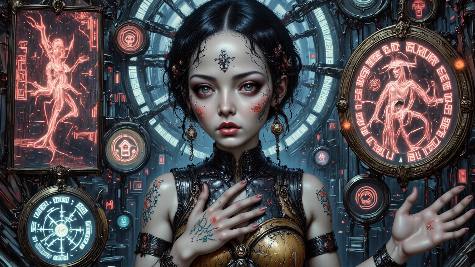 (highly detailed:1.2),(best quality:1.2),(8k:1.0),(emb-rrf-low:1.0),(many many large black tattoos on head and face and eyes:1.2),sharp focus,(award-winning photograph:1.2), (subsurface scattering:1.1)
(beautiful detailed young cyborg girl:1.2), (no hair:1.2),(full body:1.2), (dynamic pose:1.2), neon glow, (detailed cybernetic eyes:1.1), close shot
(hyperrealistic:1.2), rpg, elden ring style, dramatic lighting, (highly detailed futuristic cityscape:1.2), (scifi:1.2), professional portrait photography, by wlop greg rutkowski jeffrey simpson alphonse mucha