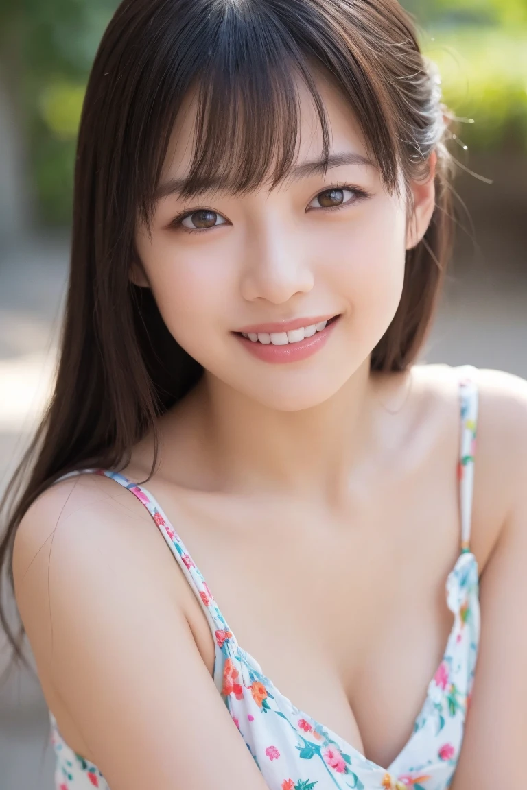 masterpiece、Highest quality, Ultra-high resolution、8k,photograph、1 girl, (Skin dents), (Large Breasts:1.3), bright, Blurred Background, (Asymmetrical bangs, Please comb your hair、very long wavy hair:1.5),(Loose chest)、(Sunburn marks on chest)、(Deep cleavage)、(soft, drooping udder)、(The best smile that makes people happy)、(The big round eyes are super cute)、(grassland、Spring Sky、Soft sunlight)