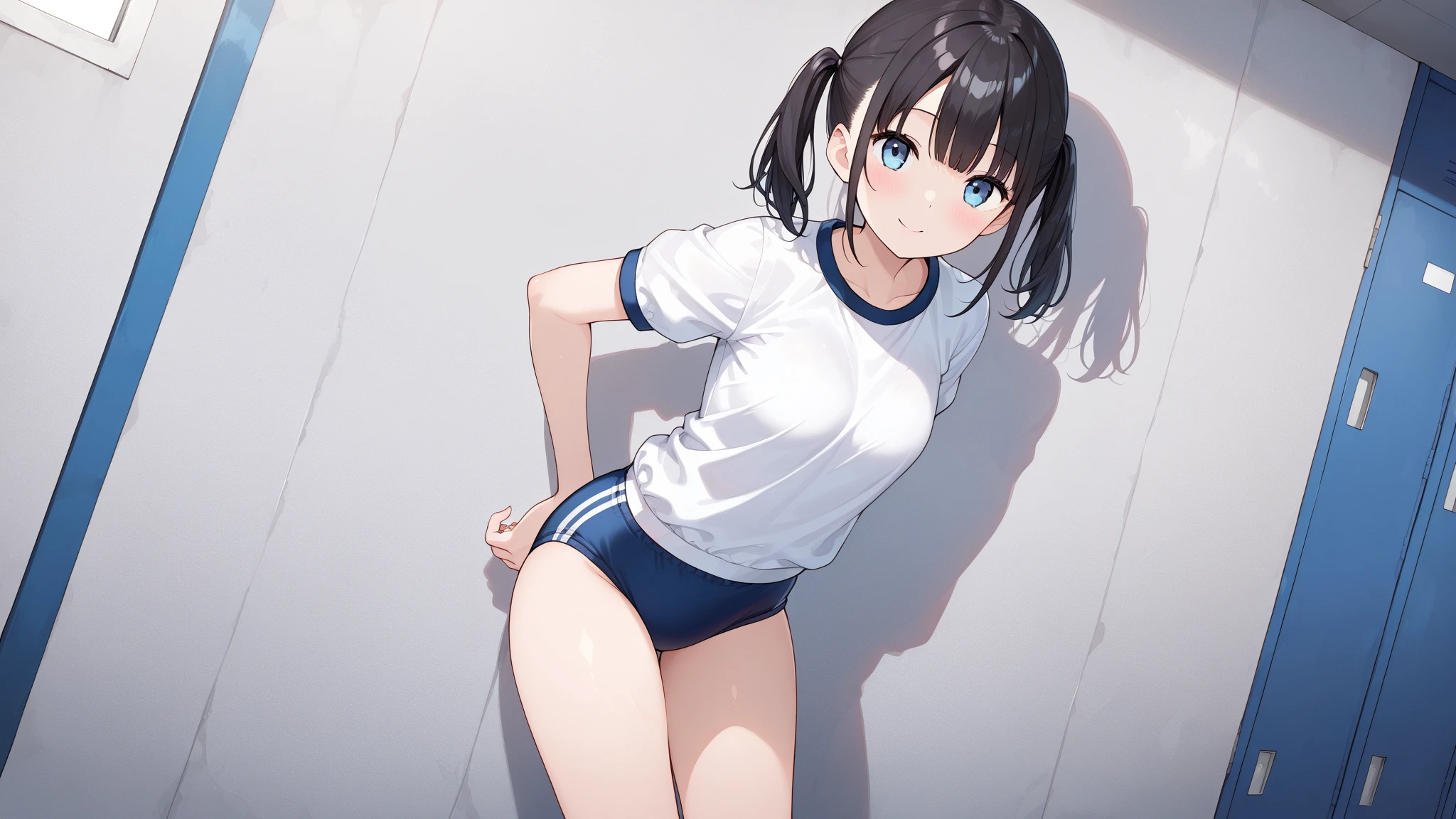 cute, girl, junior high school student, black hair, twin tails, school gym suit, short sleeves, shorts, white socks, small bust, blush, smile, see-nipples