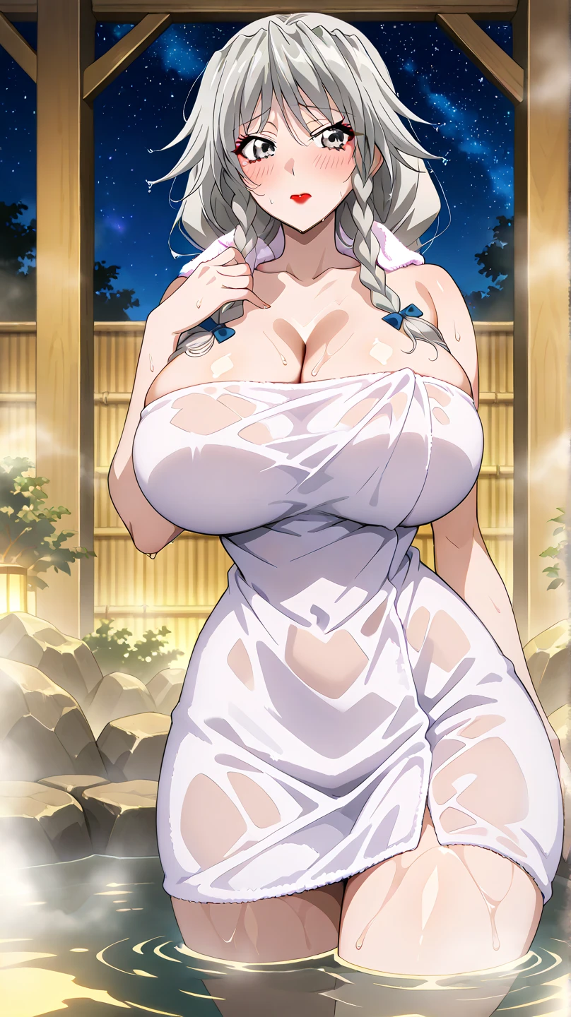 1girl, White hair, Purple eye, sportrait, photorealestic, Towels, (onsen), sidelighting, wallpaper, nsfw,huge tit,huge tit,Breast-huge